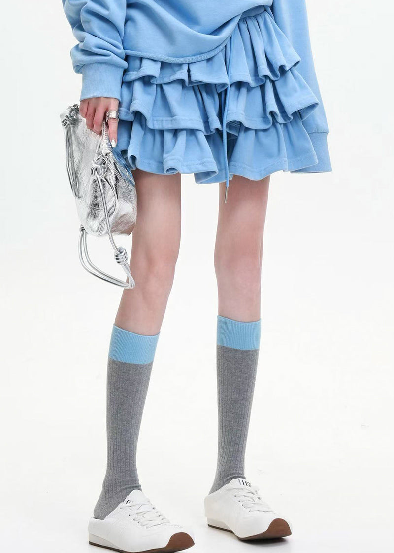 Fine Blue Layered Ruffled Cotton Tops and Skirts Two Pieces Set Spring