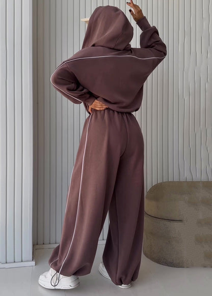Coffee Hooded Drawstring Coat and Pants Cotton Two Piece Set Fall