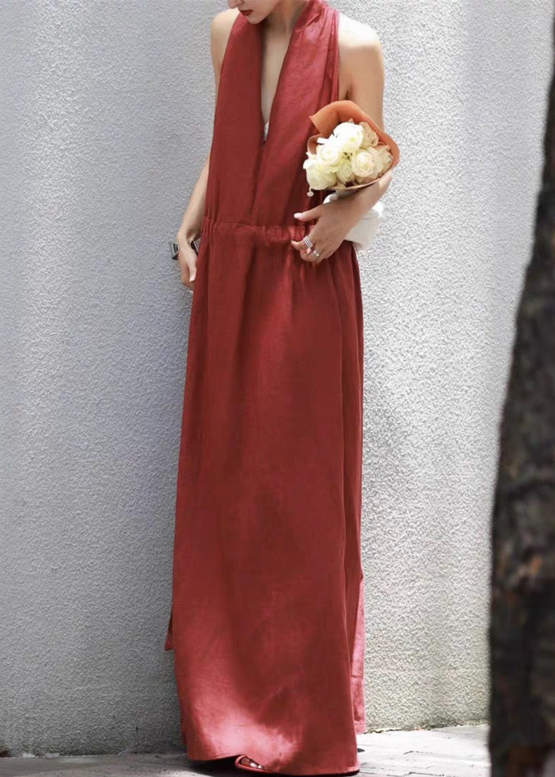 Red Lace Up Cotton Long Dress V Neck Summer