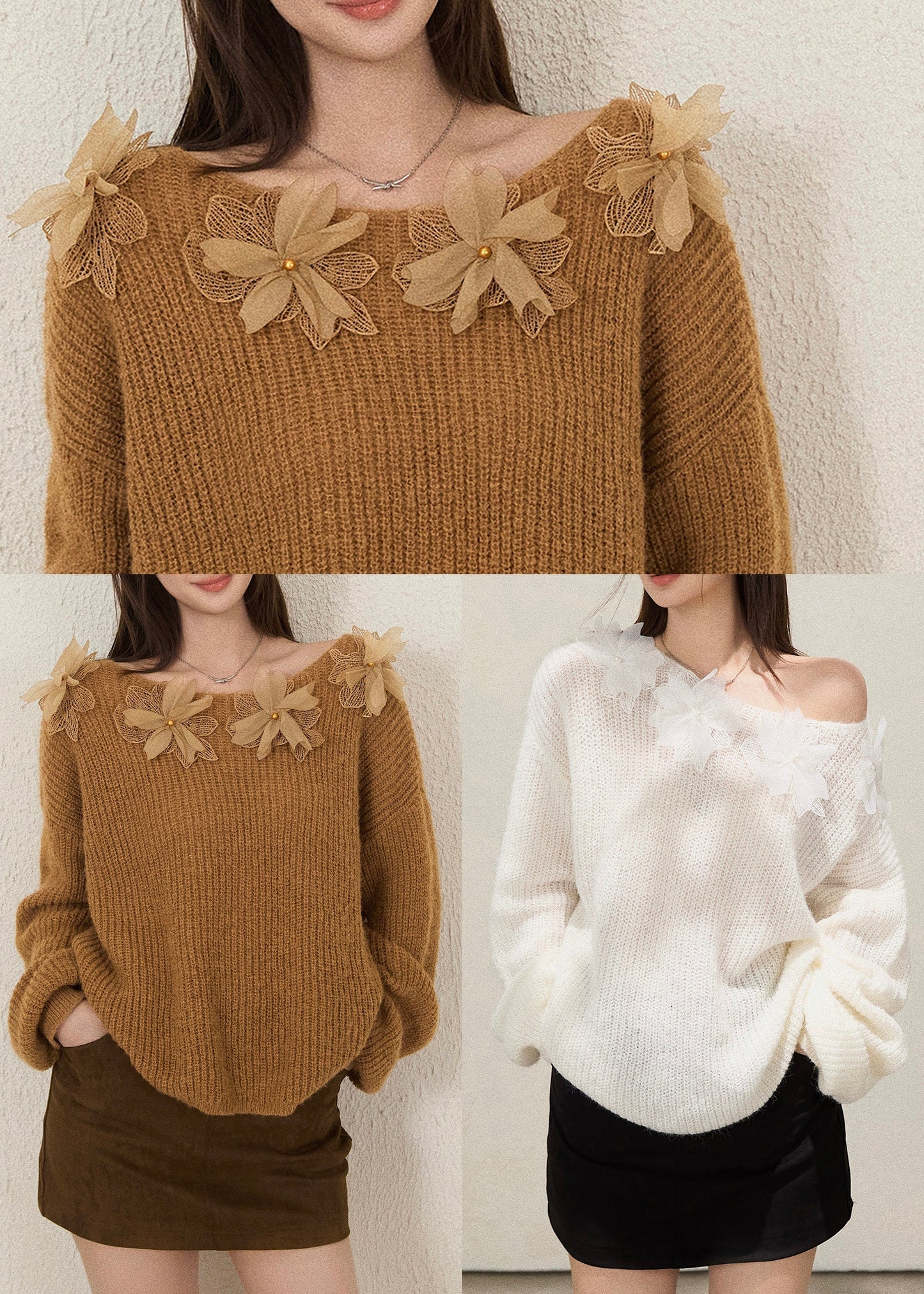 Brown Cold Shoulder Decorated Knit Shirts Fall