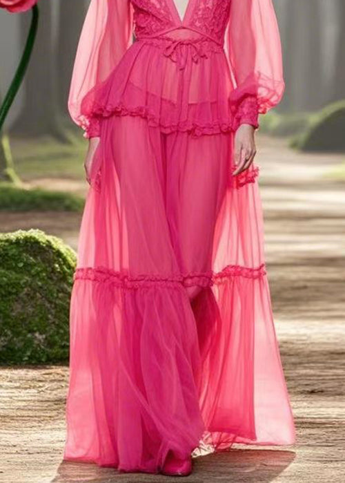 Rose V Neck Ruffled Lace Up Chiffon Long Dresses Spring