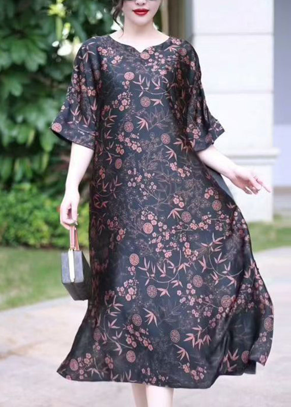 Red V Neck Print Silk Long Dress Summer
