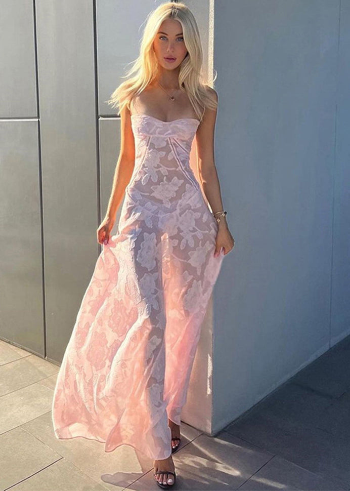 Jacquard Pink Sheer Lace Long Spaghetti Strap Dress Summer