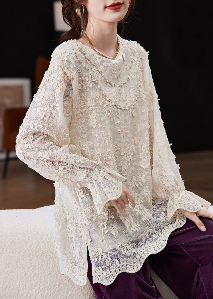 Loose Beige O-neck Sequins Nail Bead Shirt Spring