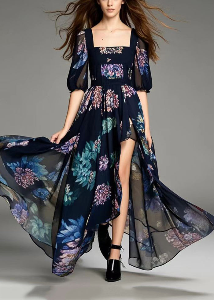 Black Print Asymmetrical Design Chiffon Dress Summer