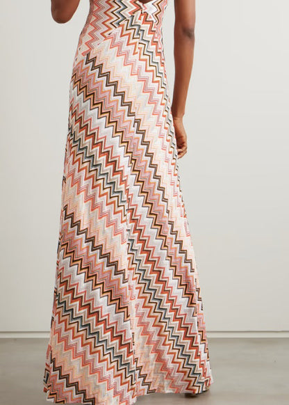 Stylish V Neck Striped Backless Cotton Long Dresses Sleeveless