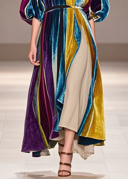 V Neck Patchwork Silk Velvet Vacation Dress Short Sleeve