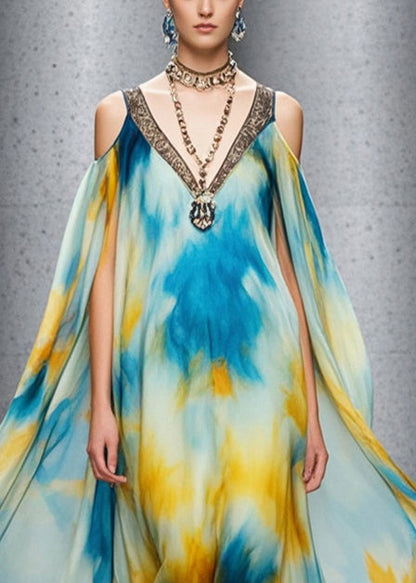 Cold Shoulder Tie Dye Chiffon Beach Dress Summer