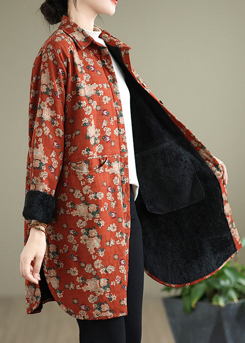 Orange Peter Pan Collar Print Warm Fleece Shirts Coat Spring