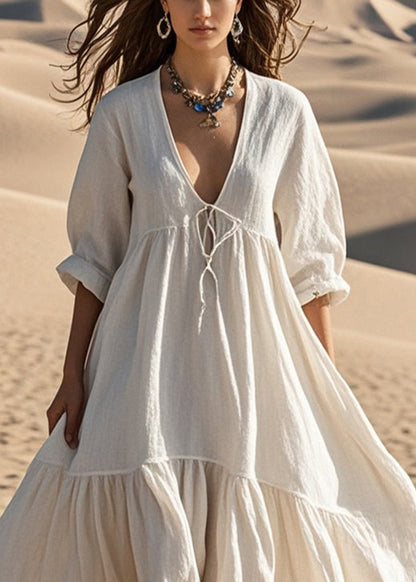 White Oversized Lace Up Cotton Robe Dresses Fall
