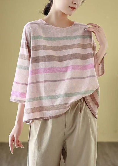 Loose O Neck Striped Cozy Linen T Shirt Bracelet Sleeve