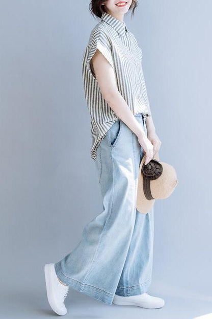 Gray Striped Cotton Linen Blouse Summer Tops