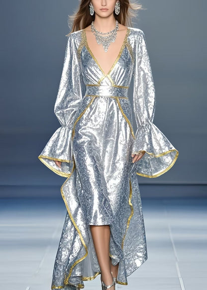 Silvery Asymmetrical Design Silk Vestidos Dress Flare Sleeve