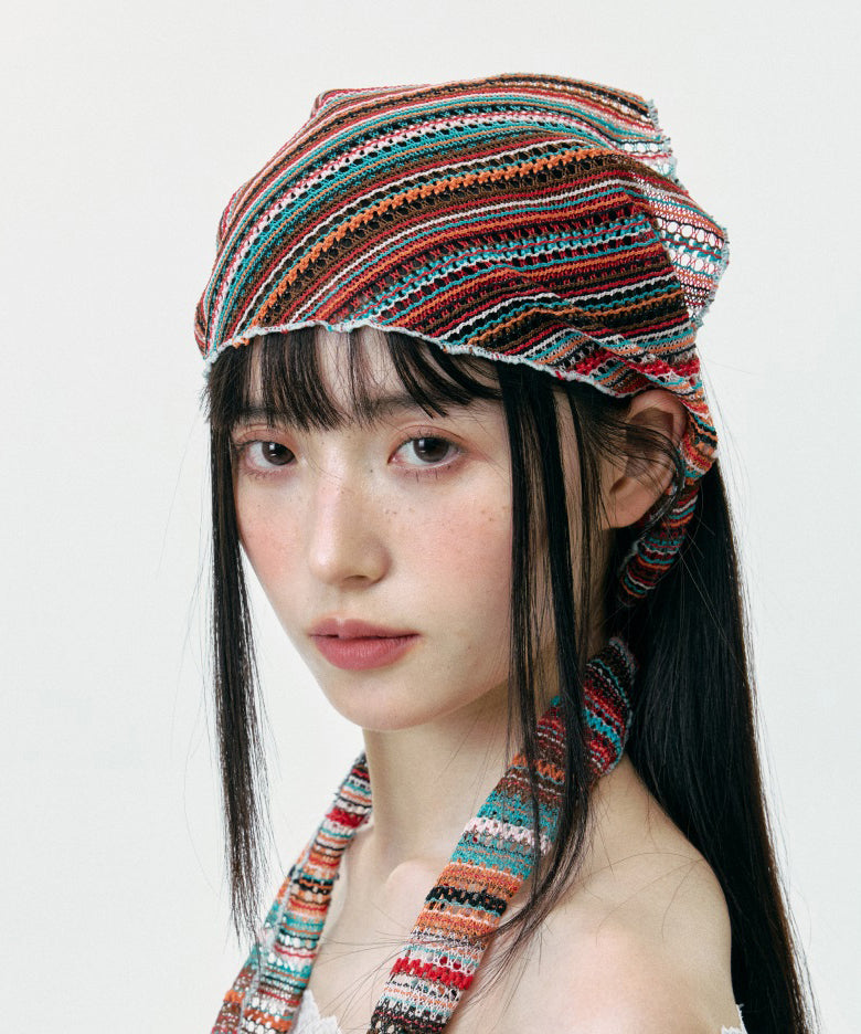 Thin Colored Striped Knitted Hollow Out Head Boonie Hat