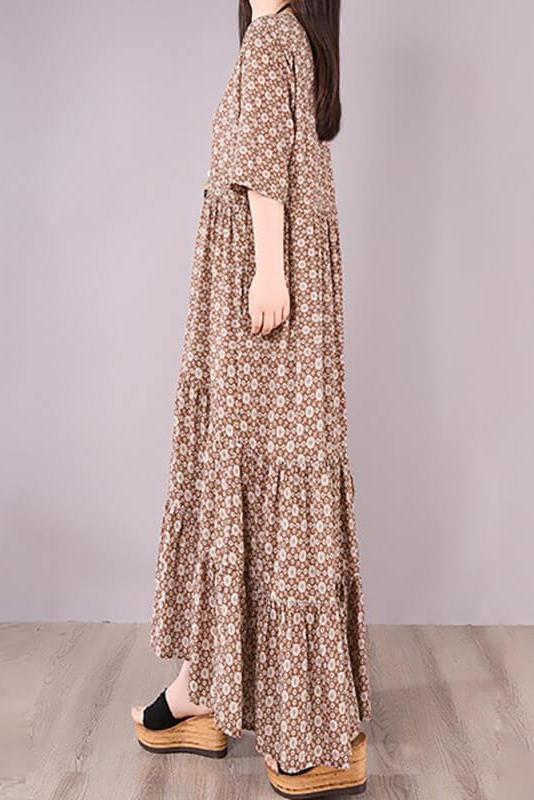 Pleated Lace-up Print Maxi Dress