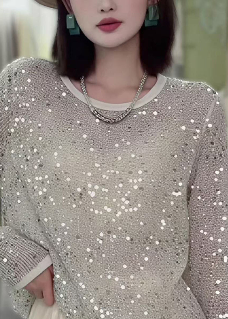 O-neck Sequins Hollow Out Knit Top Fall