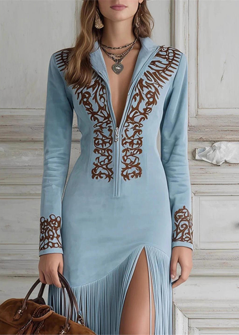 Blue Tassel Patchwork Faux Suede Dresses Spring