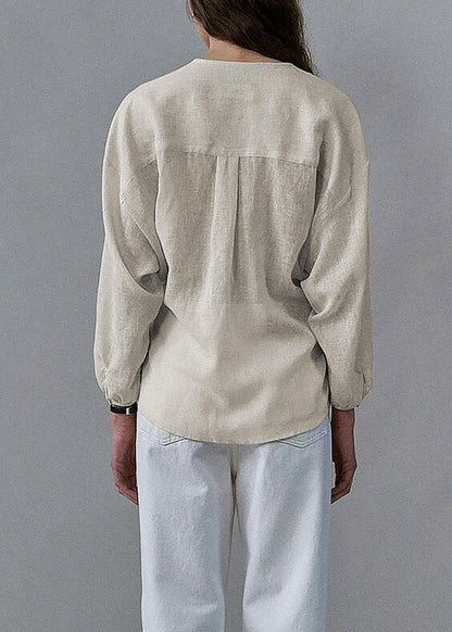 New Chinese Style V Neck Loose Linen Top Spring
