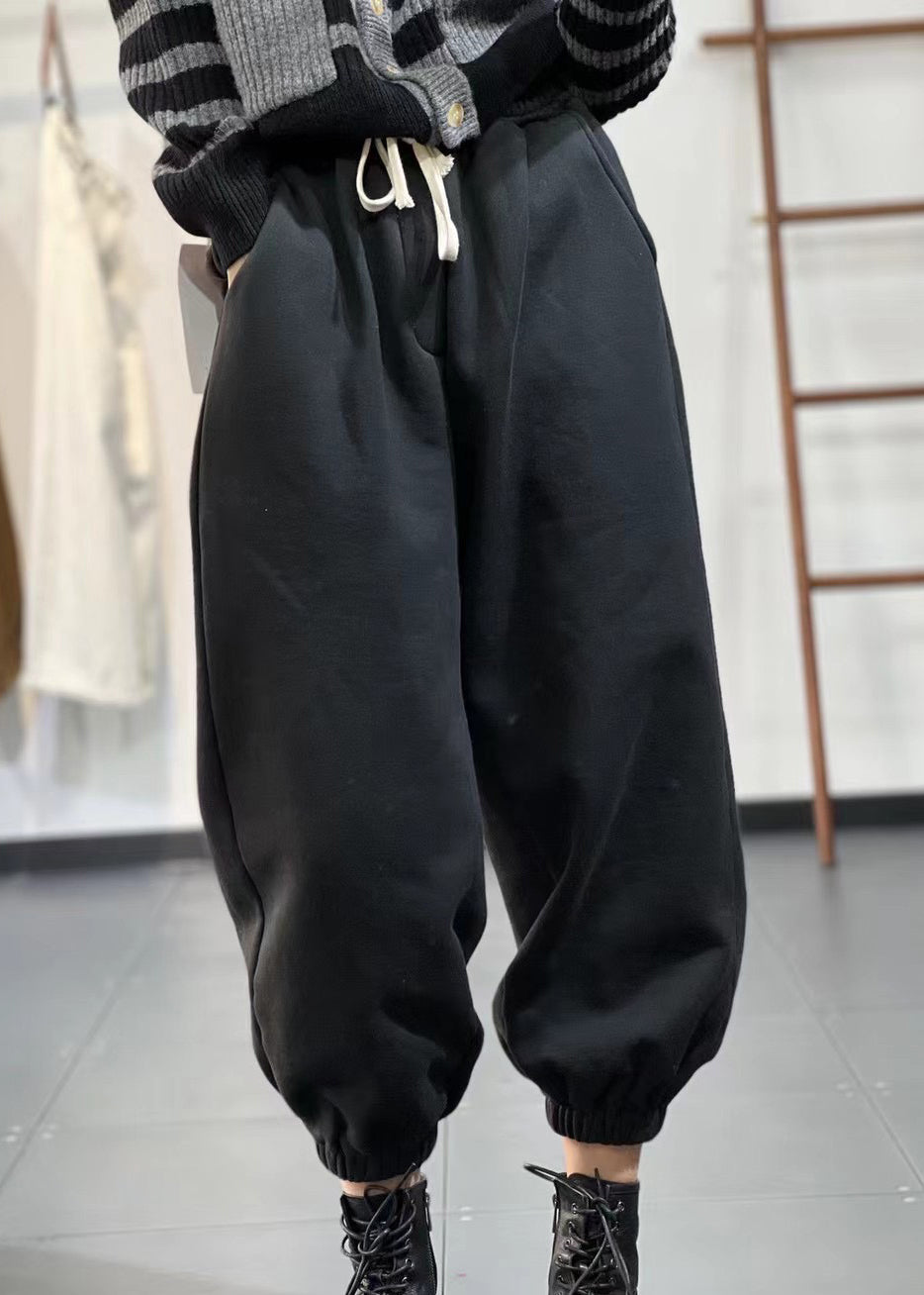 Beige Pockets Elastic Waist Warm Fleece Sport Pants Fall