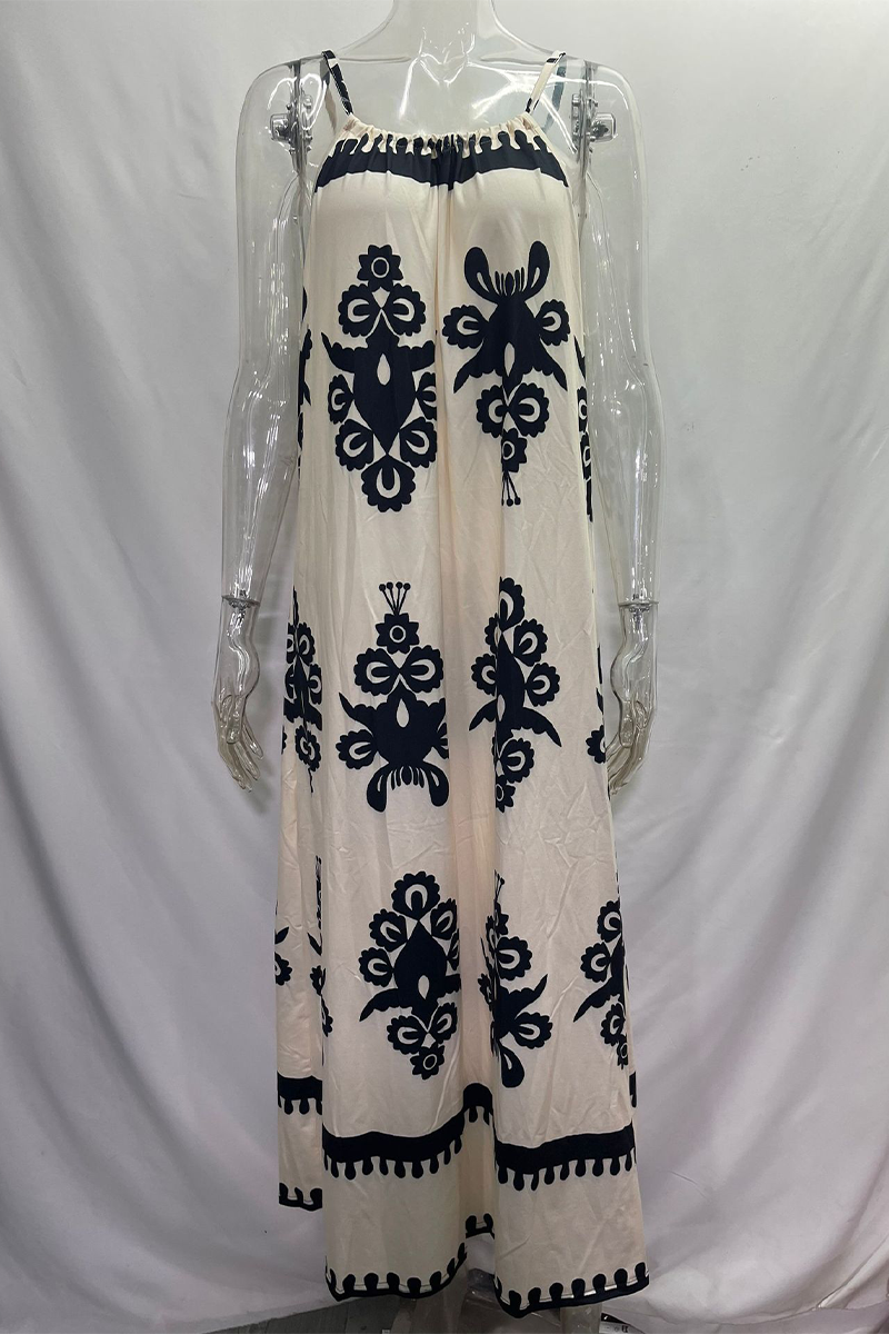 National Totem Print Draw String Square Neck Sling Dresses(4 Colors)