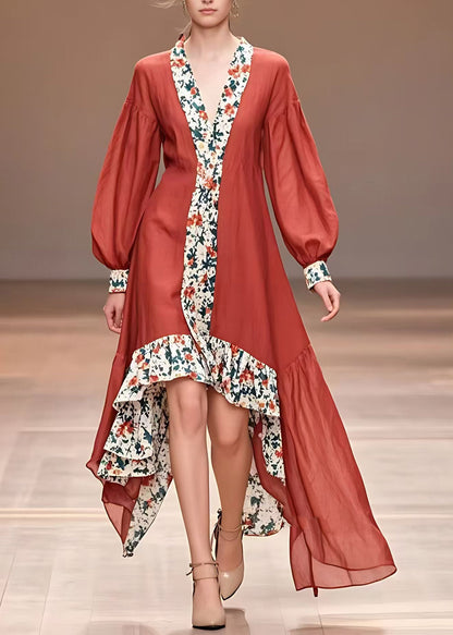 Red Print Asymmetrical Long Dresses Fall
