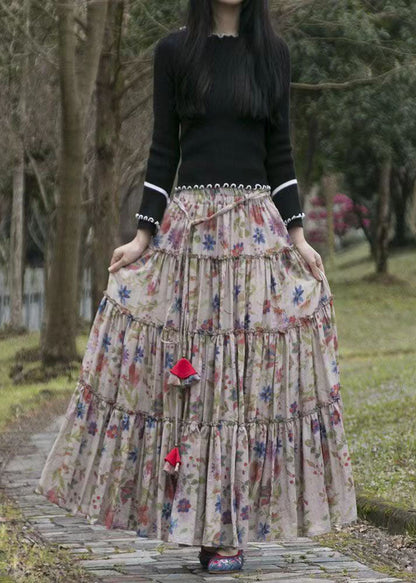 Loose Cinched Print Elastic Waist Patchwork Cotton Skirts Summer