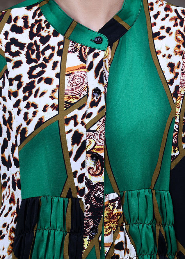 Green Stand Collar Leopard Print Button Wrinkled Silk Long Cardigans Summer