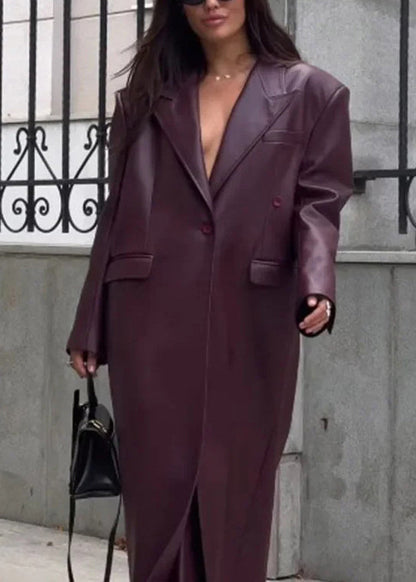 Unique Mulberry Peter Pan Collar Pockets Faux Leather Trench Fall
