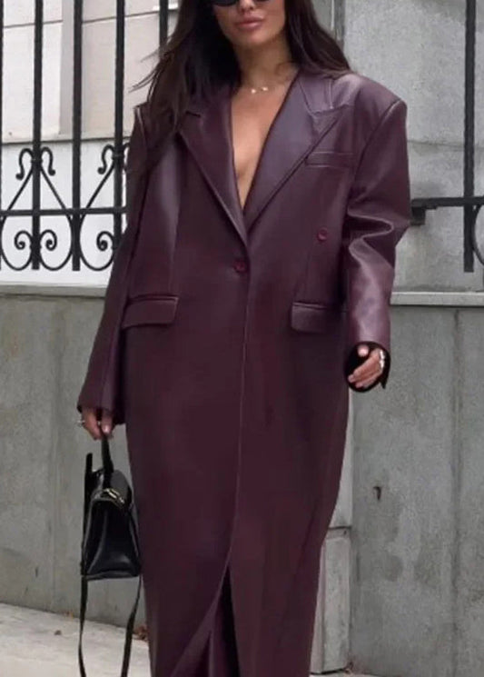 Unique Mulberry Peter Pan Collar Pockets Faux Leather Trench Fall