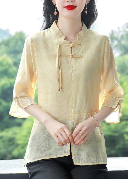 Blue Stand Collar Tasseled Patchwork Linen Shirt Summer