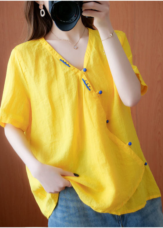 Yellow V Neck Embroidered Cotton Blouses Short Sleeve