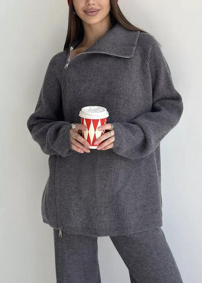 Stylish White High Neck Zip Up Knit Sets 2 Pieces Spring