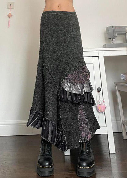 Original Grey Asymmetrical Ruffled Patchwork Cotton Skirts Summer