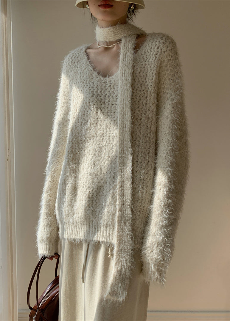 Apricot Cozy Cotton Knit Winter Sweater V Neck