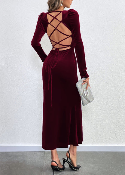Mulberry Square Collar Backless Velvet Dresses Fall