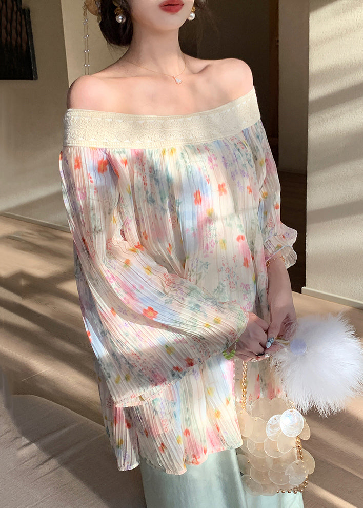 Beige Embroidered Print Wrinkled Chiffon Shirt Fall