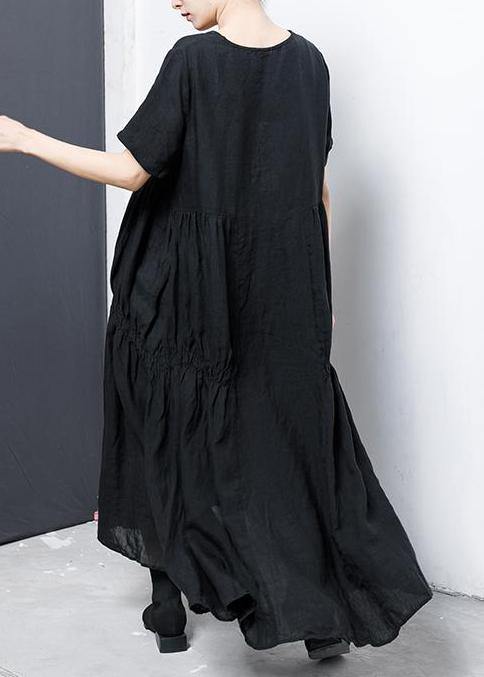 Linen Cotton Robes Pure Color Pleated A-line Dress