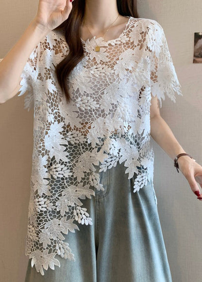 Loose Caramel O-neck Asymmetrical Lace Top Short Sleeve