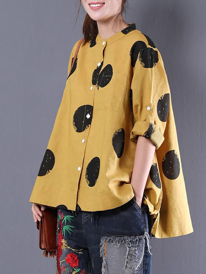 Loose Dots Long Sleeve Cotton Linen Shirt