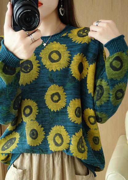 Grey O-neck Print Thick Knit Sweater Fall