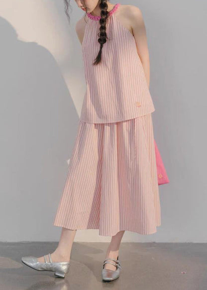 Pink Striped Tops and Crop Pants Cotton Two Pieces Set Sleeveless