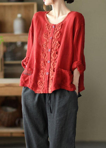 Green Retro O-neck Button Fall Shirt Tops Long Sleeve