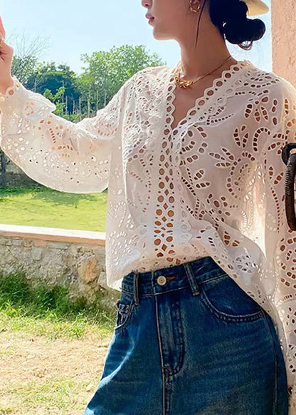 White V Neck Embroidered Hollow Out Shirt Summer