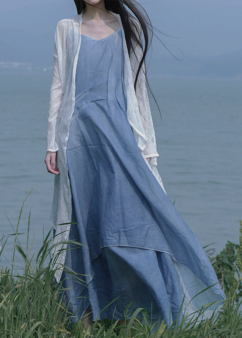 Blue Patchwork Cotton Spaghetti Strap Dress Summer