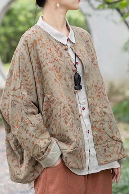 - Print Top Doll Sleeve Cotton Linen Jacket