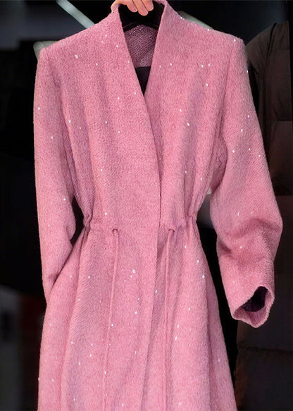 Pink V Neck Sequins Drawstring Coat Fall