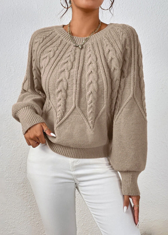 Loose Khaki O-neck Cable Knit Sweater Spring