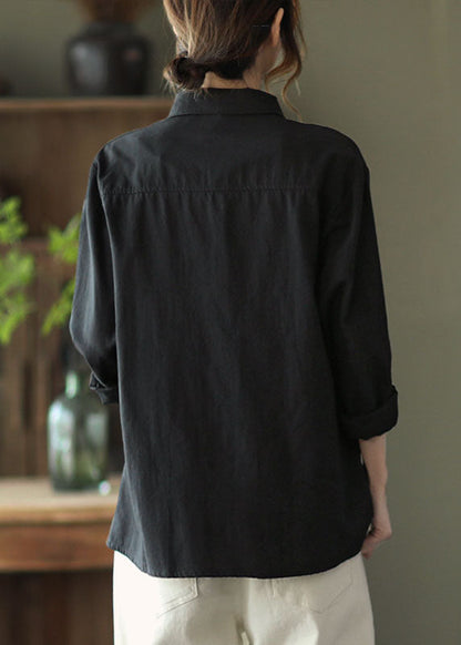 Black Peter Pan Collar Print Cotton Shirt Tops Long Sleeve
