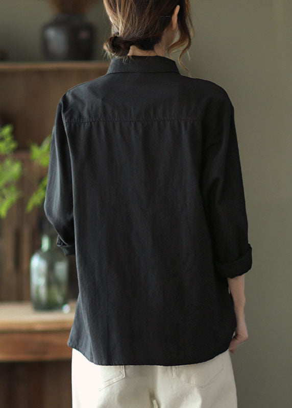 Black Peter Pan Collar Print Cotton Shirt Tops Long Sleeve
