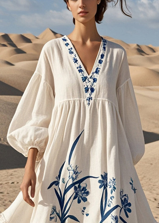 White Oversized Print Cotton Dress Bracelet Sleeve